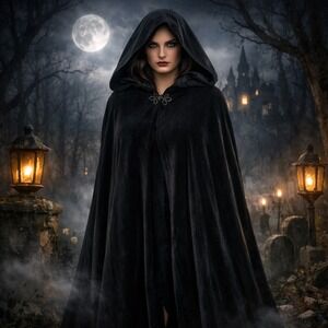 Julia Klein Black Velvet Hooded Cloak Long Cape Small Cosplay Opera Gala Event